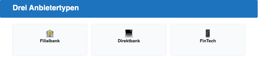 Uebersicht: Filialbank, Direktbank und FinTech Geschaeftskonto-Anbieter