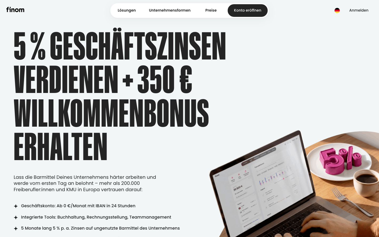 Startseite von Finom, Fintech-Geschäftskonto im großen Anbietervergleich 2026