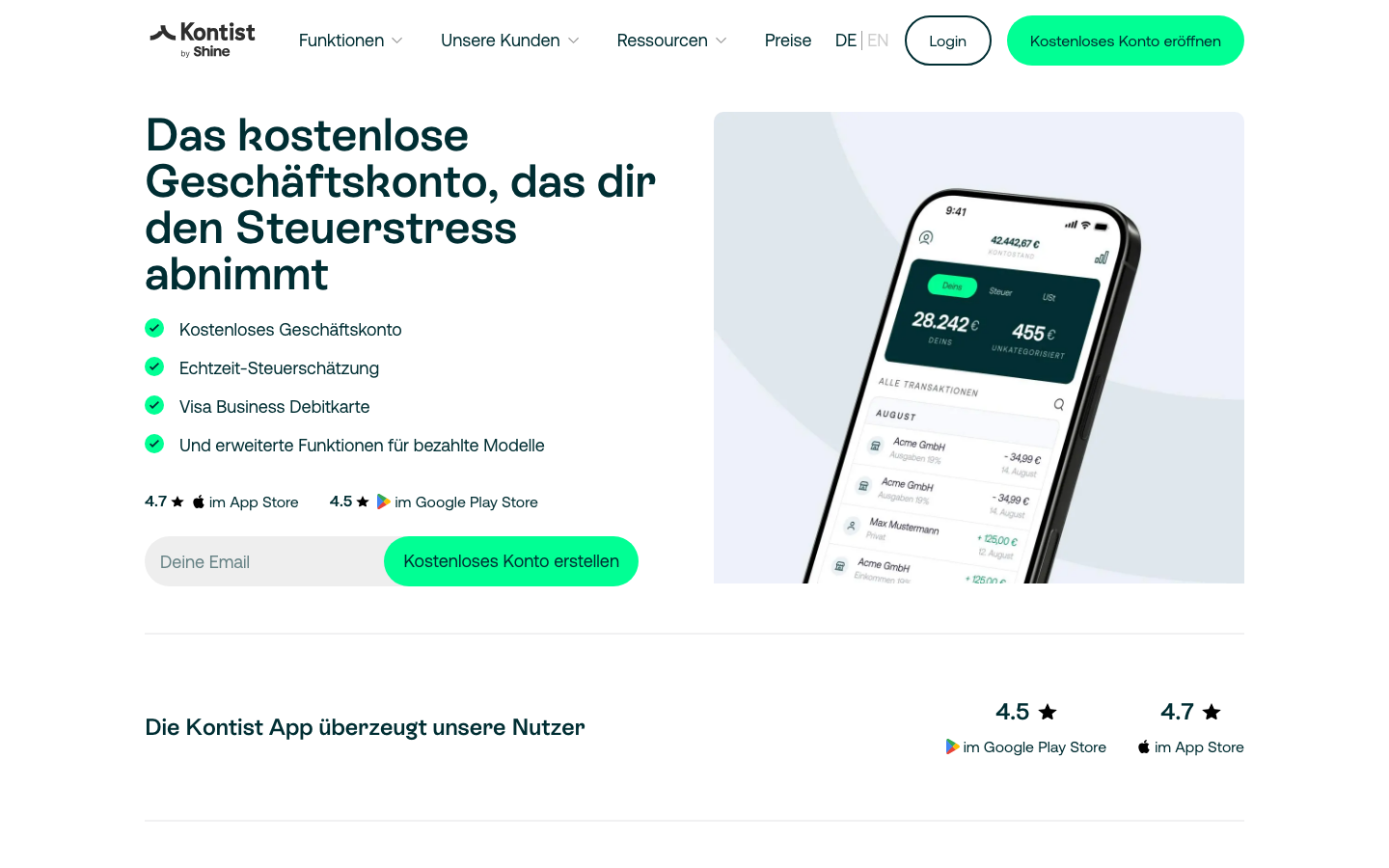 Kontist Geschäftskonto Startseite Screenshot