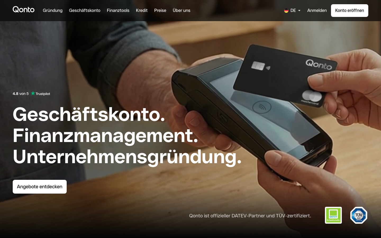 Startseite von Qonto, Fintech-Anbieter im Geschäftskonto-Vergleich für Unternehmen