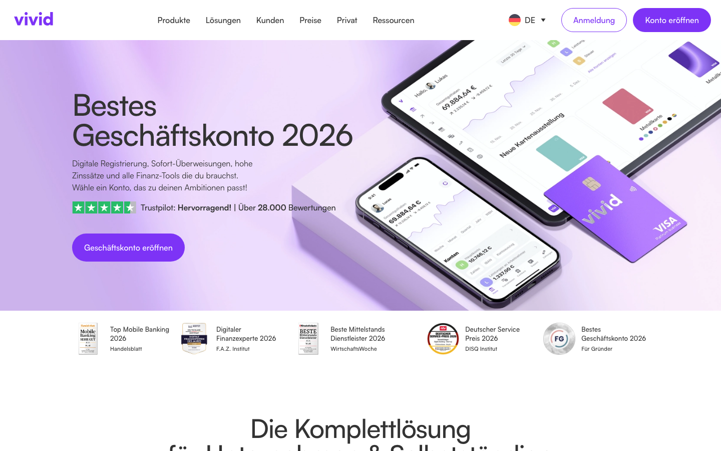 Startseite von Vivid Money, Anbieter des kostenlosen Free Start Kontos für Einzelunternehmer
