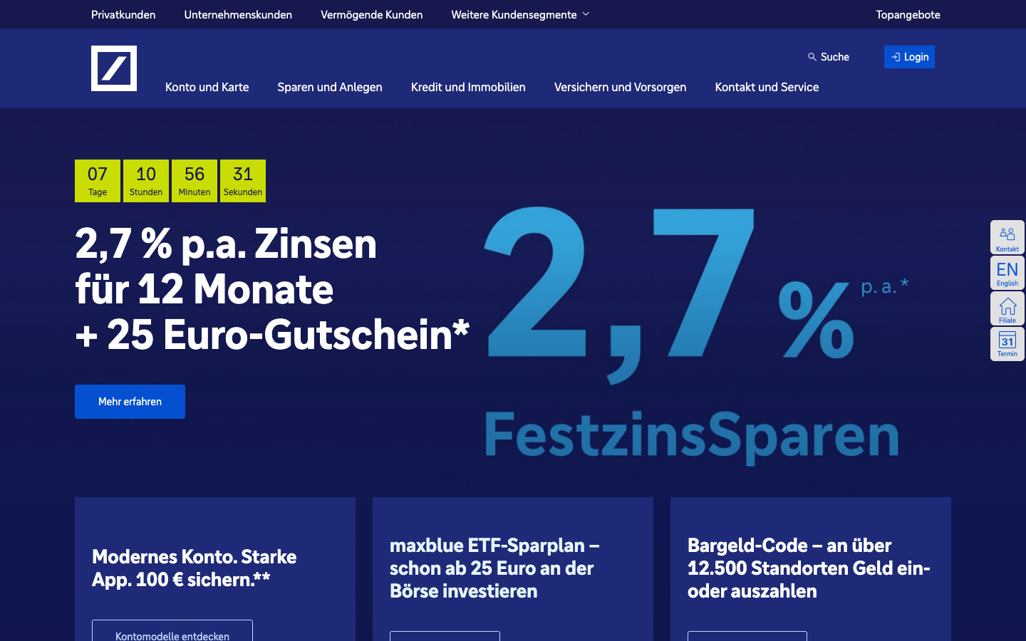 Startseite von Deutsche Bank, große Filialbank im Geschäftskonto-Vergleich 2026