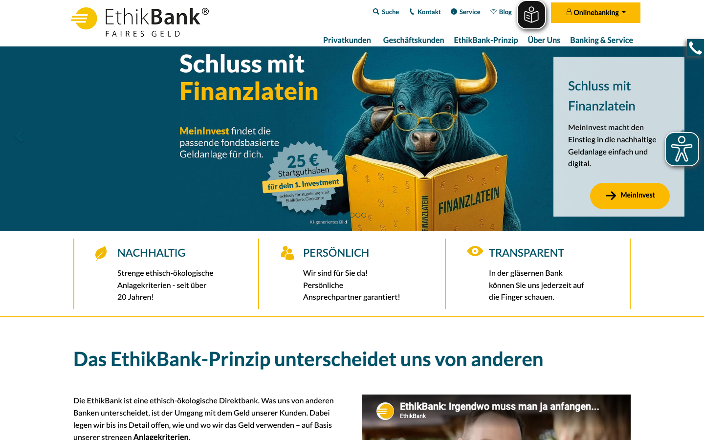 Startseite der EthikBank, einer ethisch-oekologischen Direktbank