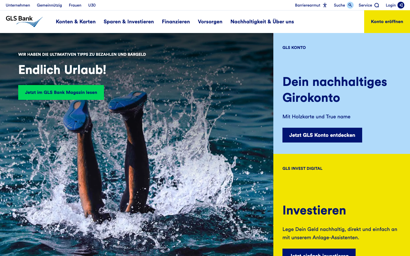Startseite der GLS Bank mit dem nachhaltigen Girokonto-Angebot