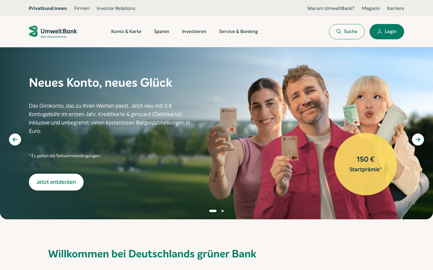 Startseite der UmweltBank mit Angeboten fuer nachhaltiges Banking