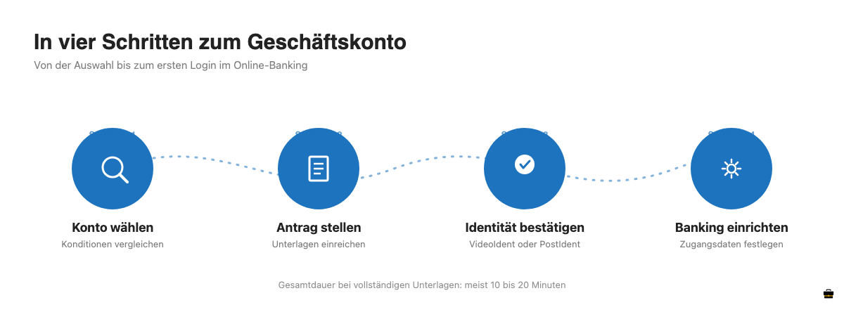 Vier Schritte zur Eröffnung eines Geschäftskontos: Konto auswählen, Antrag stellen, Identität verifizieren, Online-Banking einrichten