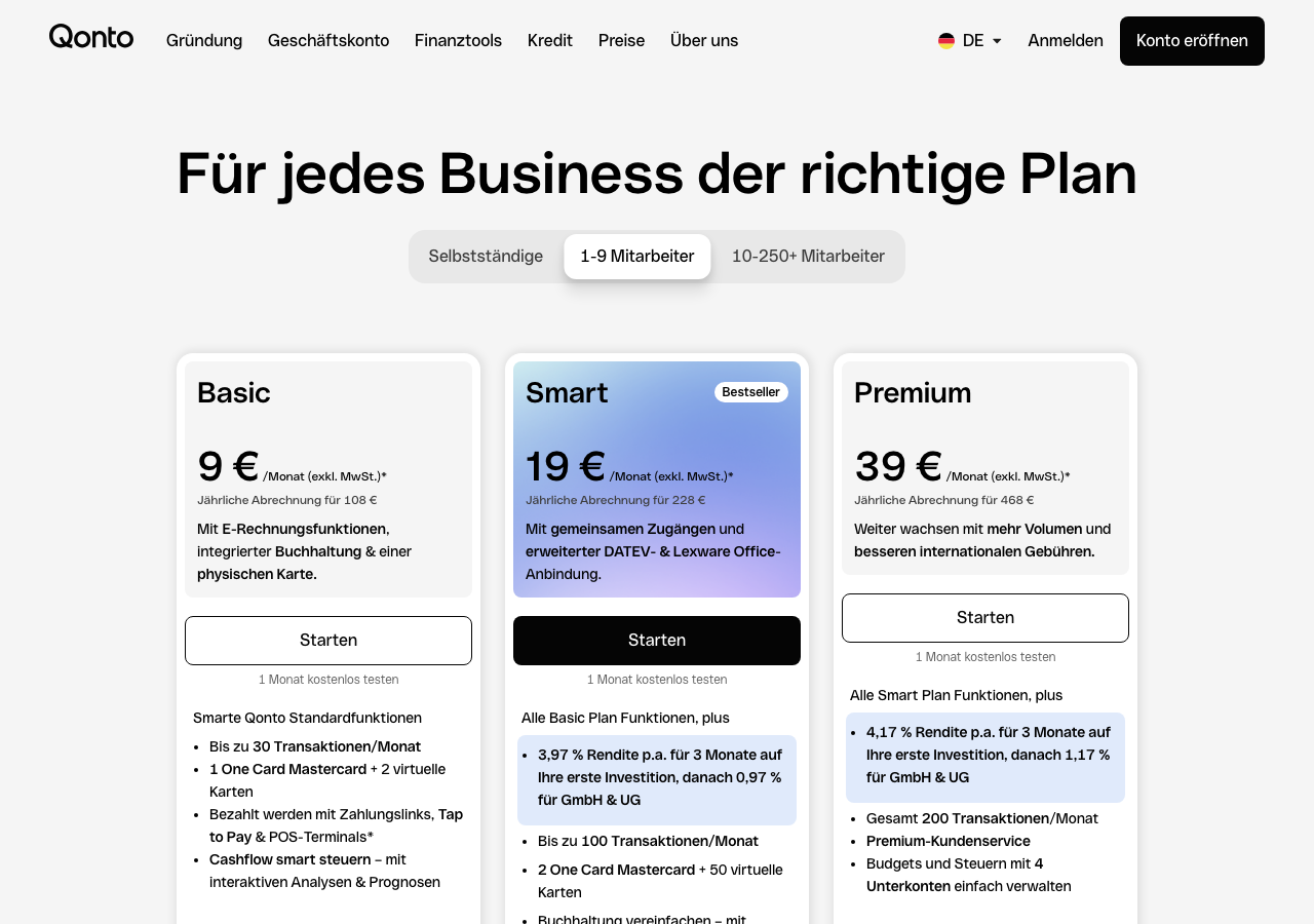 Qonto Preisseite: Basic-Tarif ab 9 Euro pro Monat exkl. MwSt.