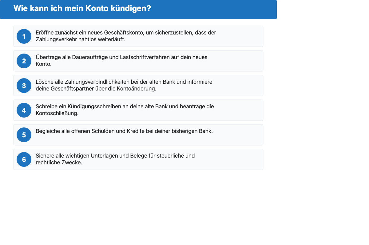 Nummerierte Liste: Wie kann ich mein Konto kündigen