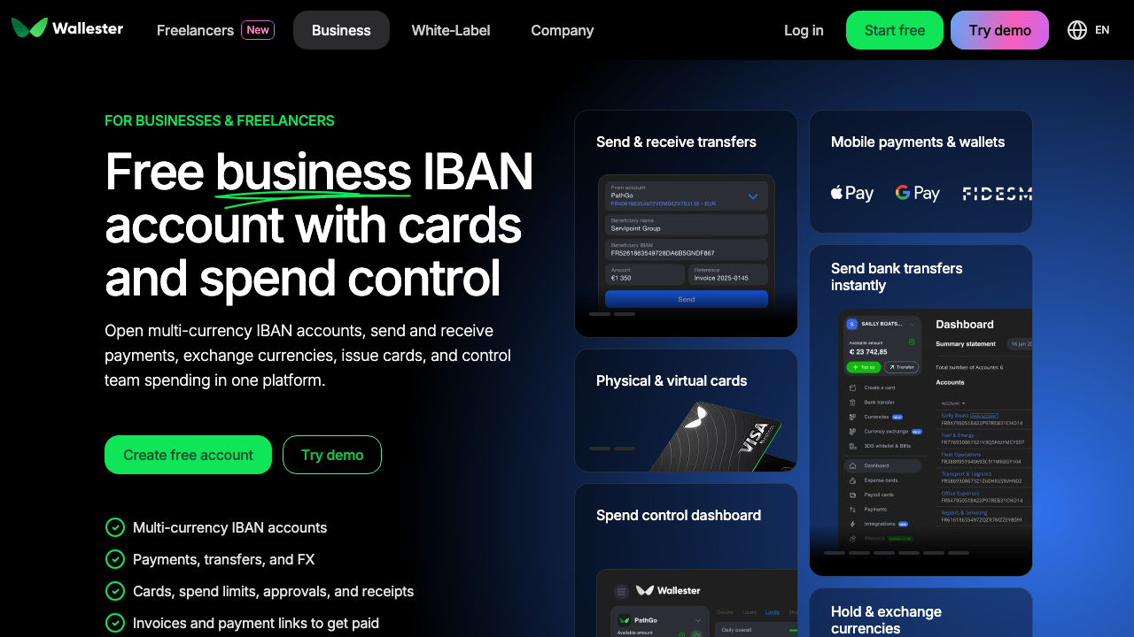 Screenshot der offiziellen Wallester Business Webseite mit Übersicht zu Funktionen und Tarifen