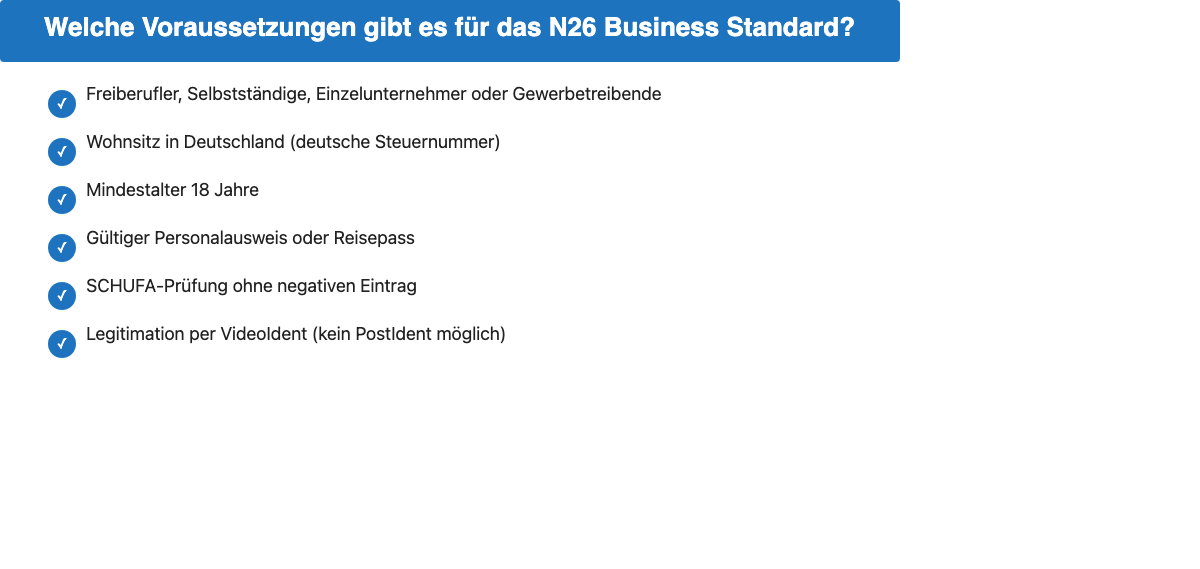Voraussetzungen für die Eröffnung des N26 Business Standard