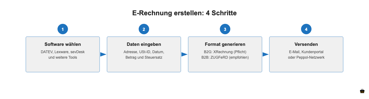 4 Schritte zur E-Rechnung: Software wählen, Daten eingeben, Format generieren, versenden