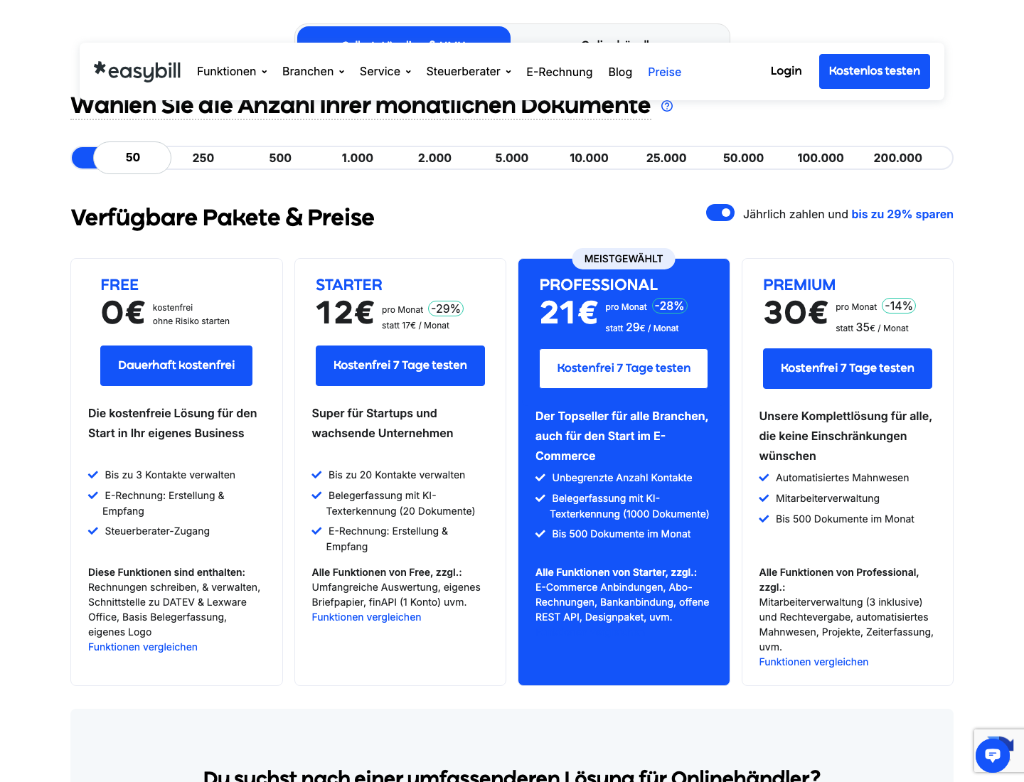 easybill Preise und Tarife 2026 – Übersicht der vier Tarifpläne