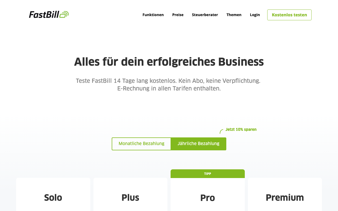 FastBill Tarife im Überblick: Solo, Plus, Pro und Premium mit Preisangaben