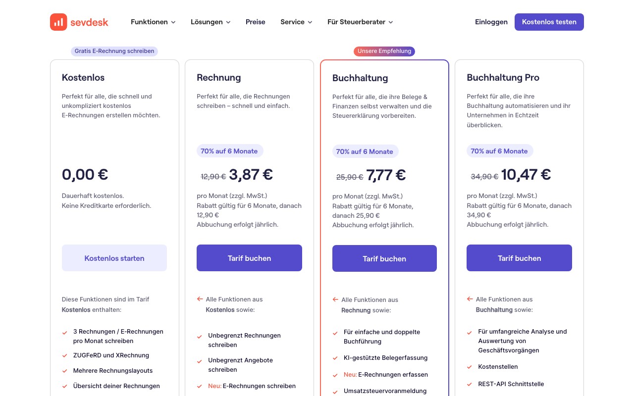 sevDesk Tarife im Überblick: Kostenlos, Rechnung, Buchhaltung und Buchhaltung Pro