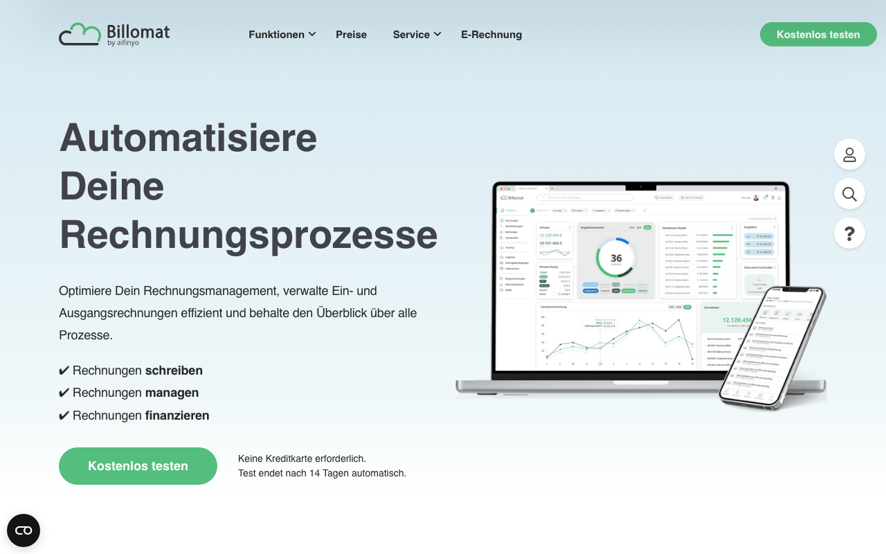 Billomat Startseite 2026 – cloudbasierte Rechnungssoftware der aifinyo AG