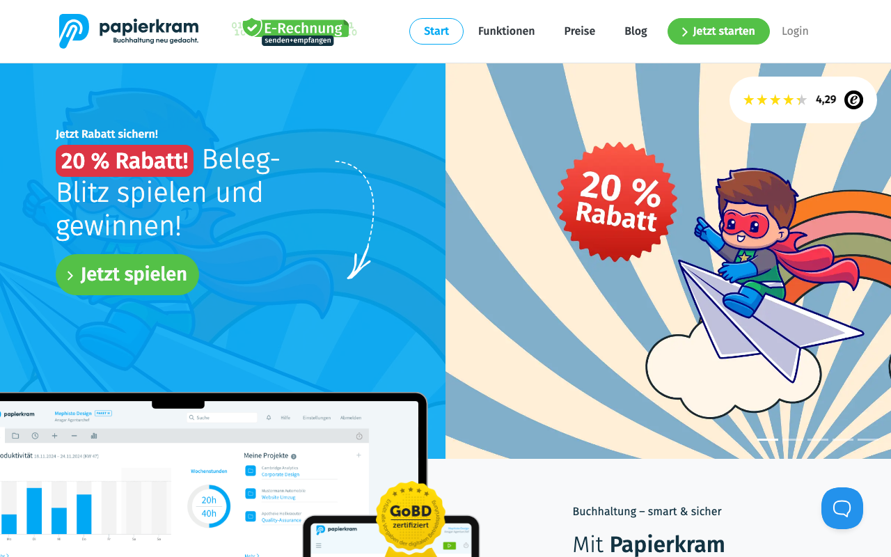 papierkram.de Startseite – Buchhaltungssoftware für Freelancer und kleine Unternehmen