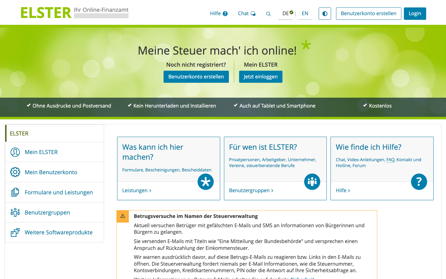 ELSTER Portal Screenshot: Startseite für die Steuererklärung