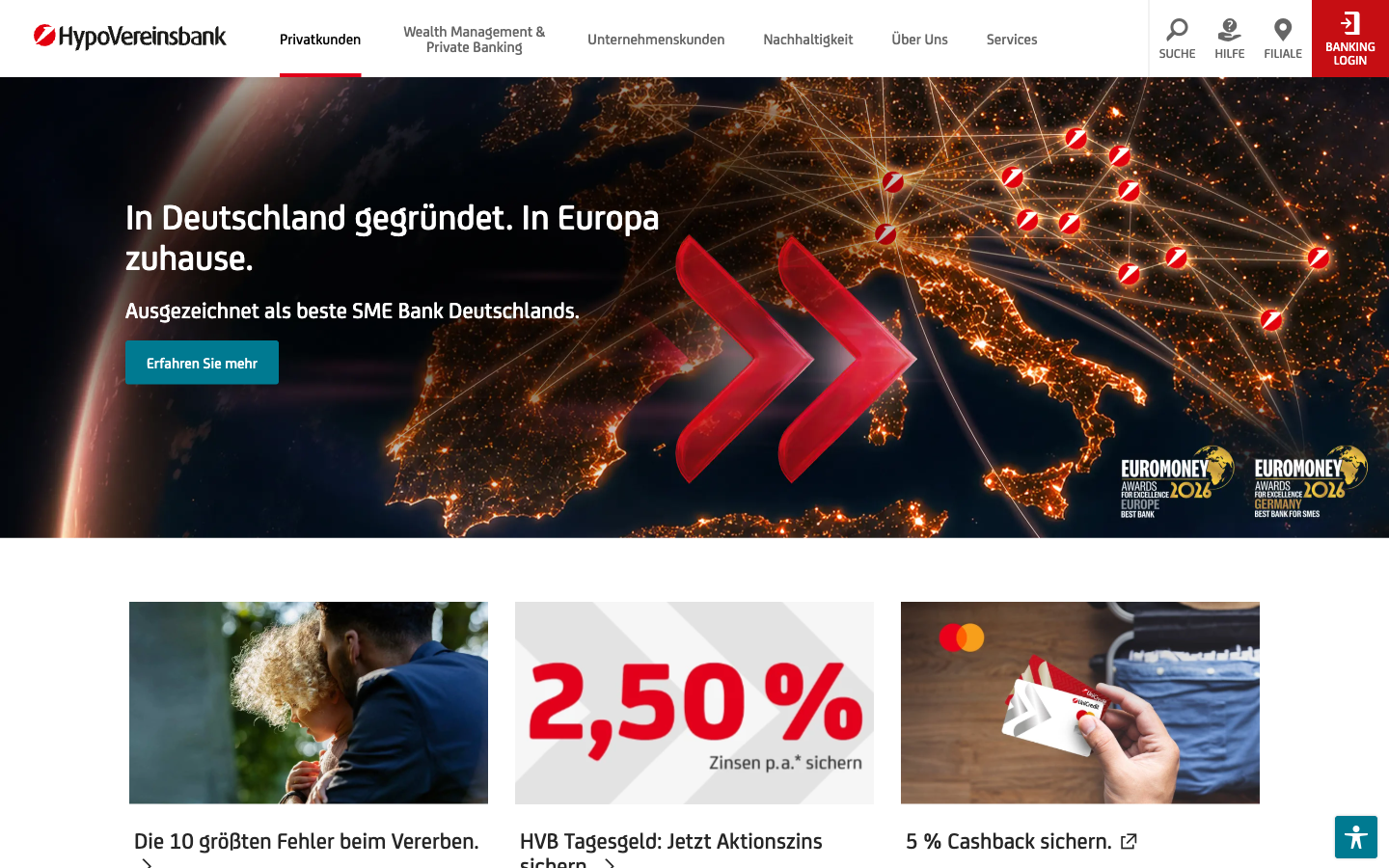 Startseite von HypoVereinsbank, Filialbank im Vergleich mit Konzernanbindung