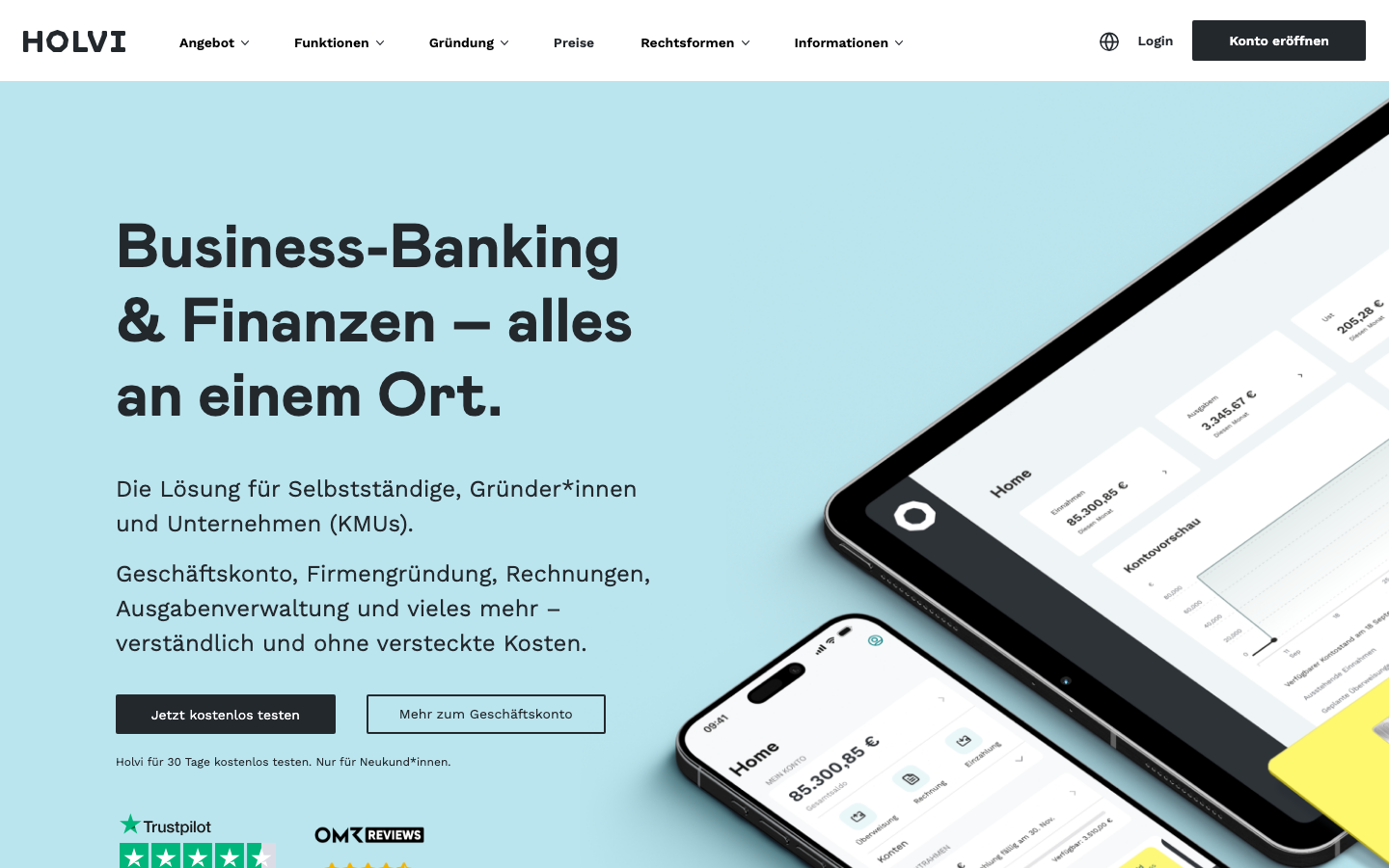 Holvi Geschäftskonto Startseite Screenshot