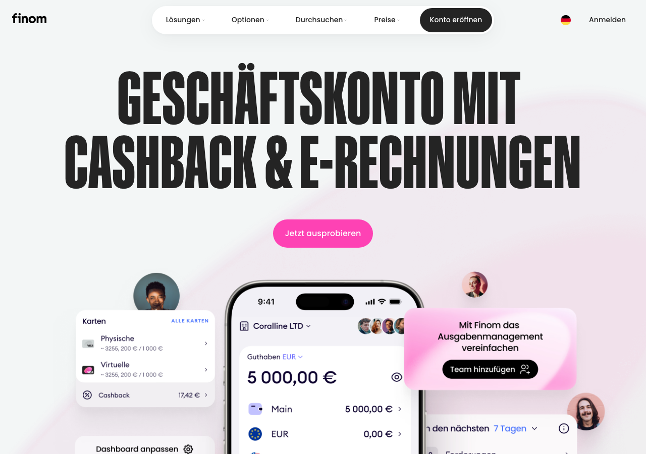 Screenshot der offiziellen Finom Startseite