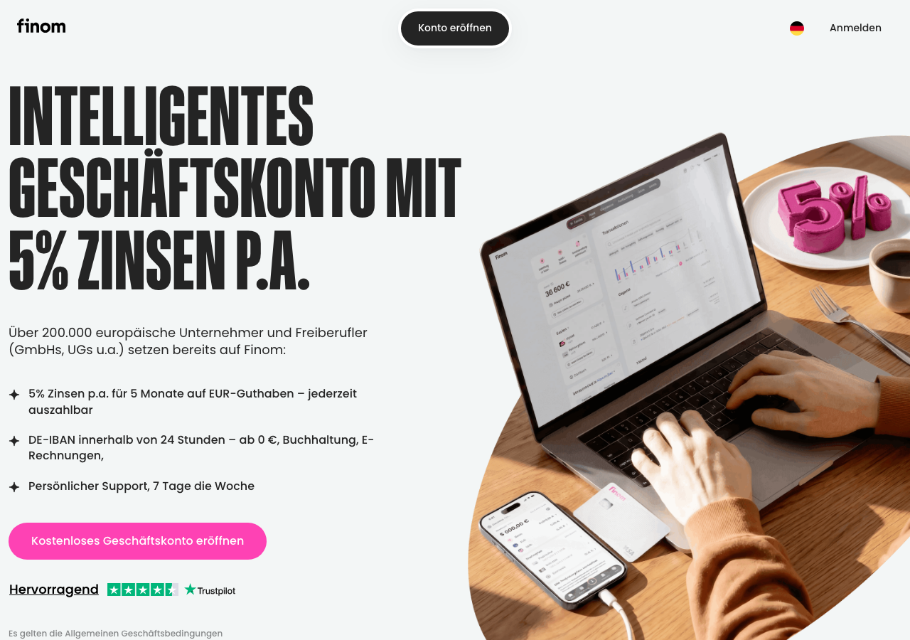 Screenshot der Finom Geschäftskonto Landingpage mit Trustpilot-Bewertung