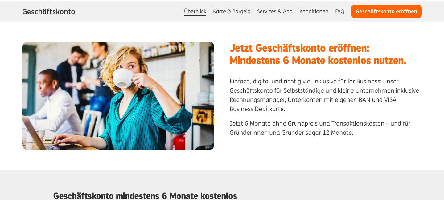 Screenshot der ING Geschäftskonto Produktseite