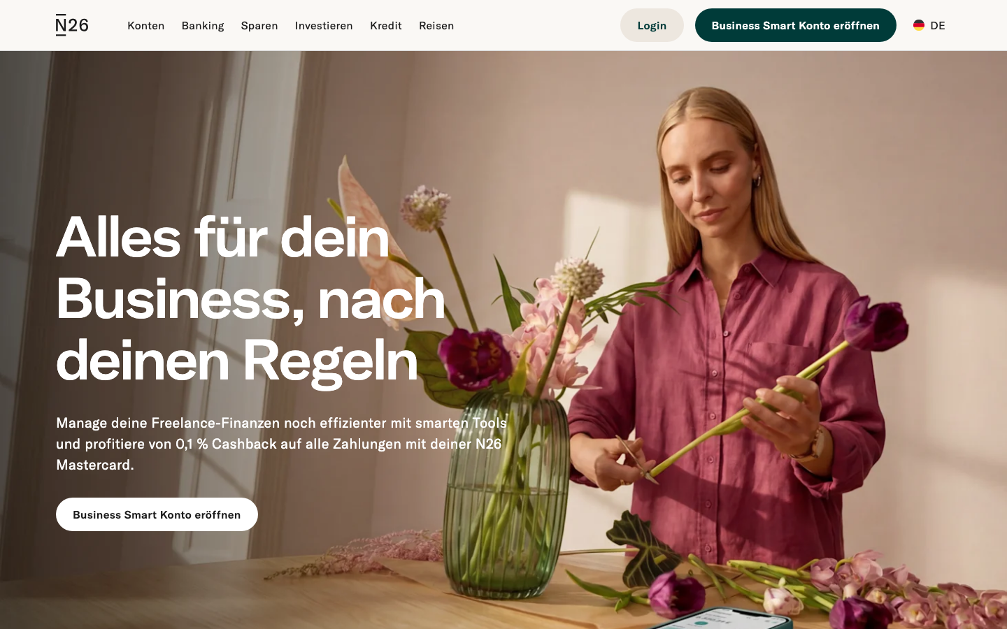 Screenshot der offiziellen N26 Business Startseite