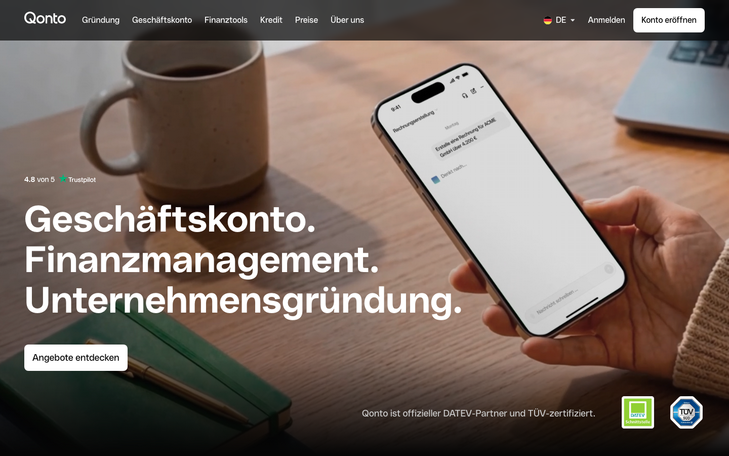 Screenshot der offiziellen Qonto Startseite