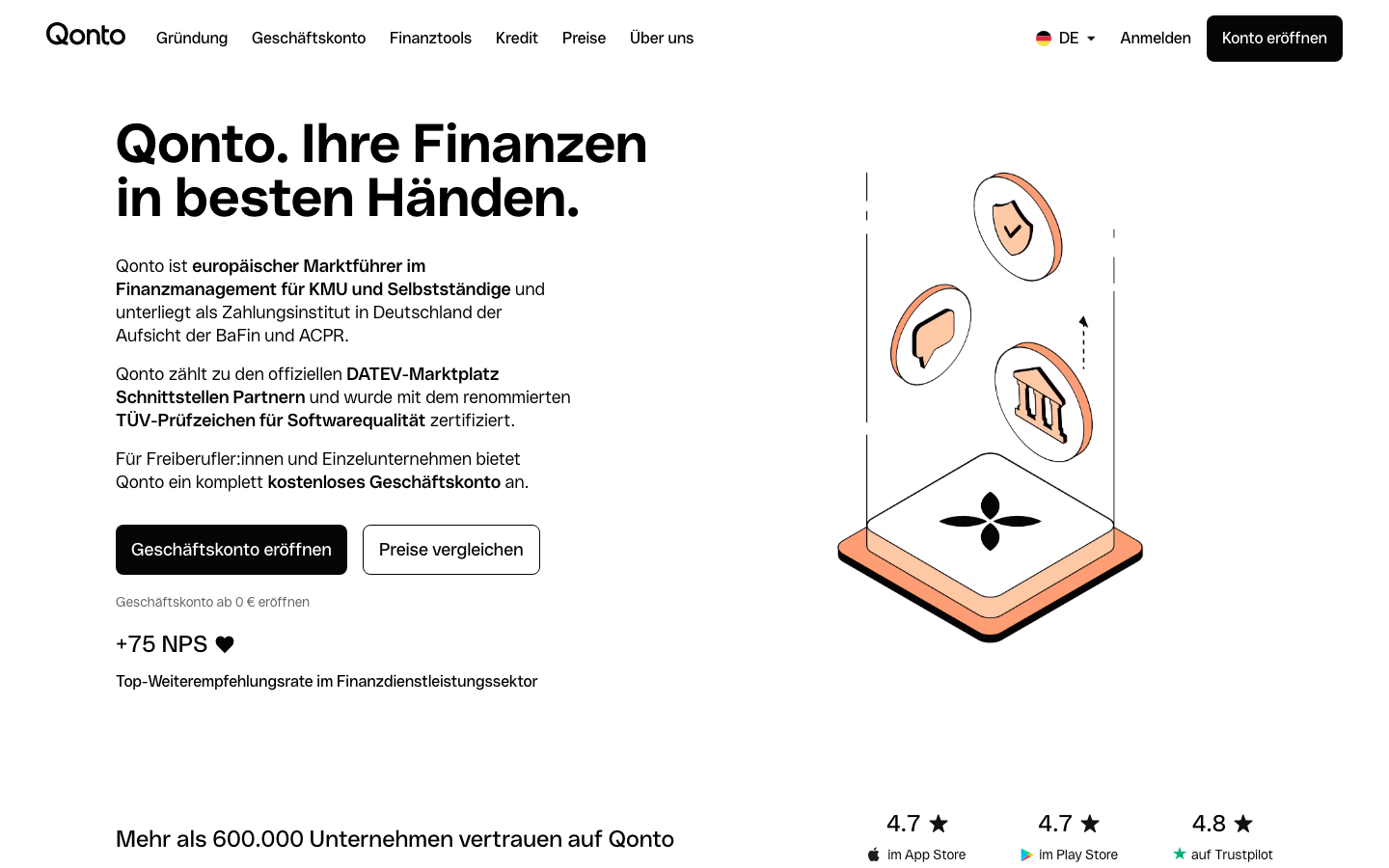 Screenshot der Qonto Trust-Seite mit Zertifizierungen und Kundenzufriedenheit