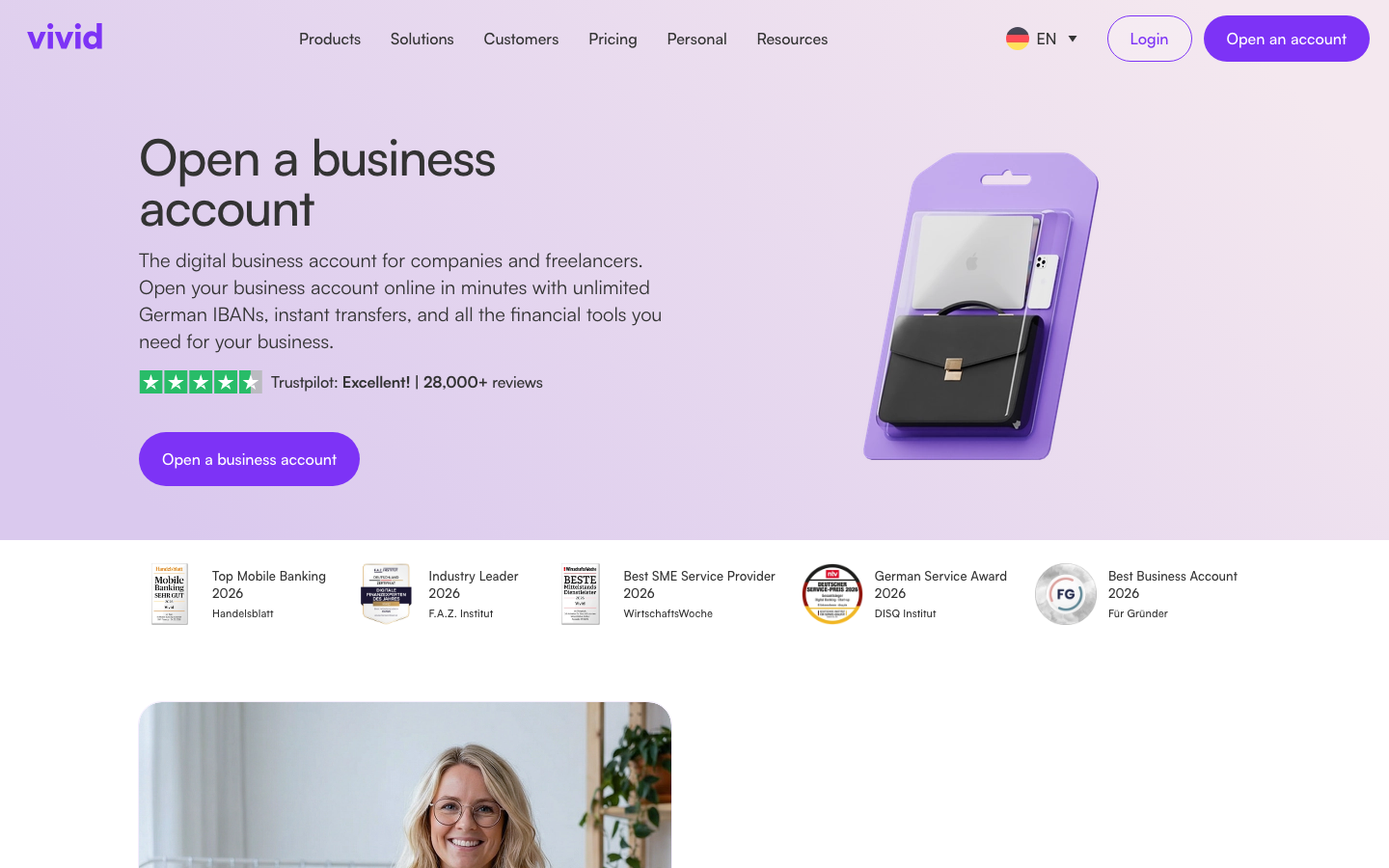 Screenshot der offiziellen Vivid Business Startseite mit Trustpilot-Bewertung