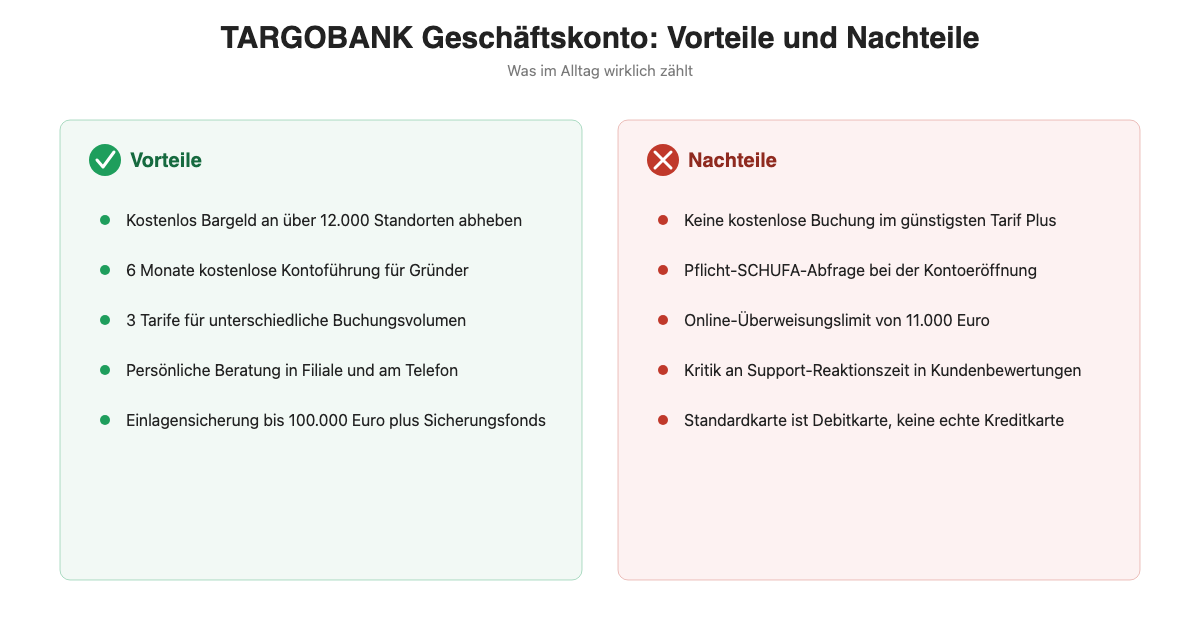 Infografik: Vorteile und Nachteile des TARGOBANK Geschäftskontos im Alltag