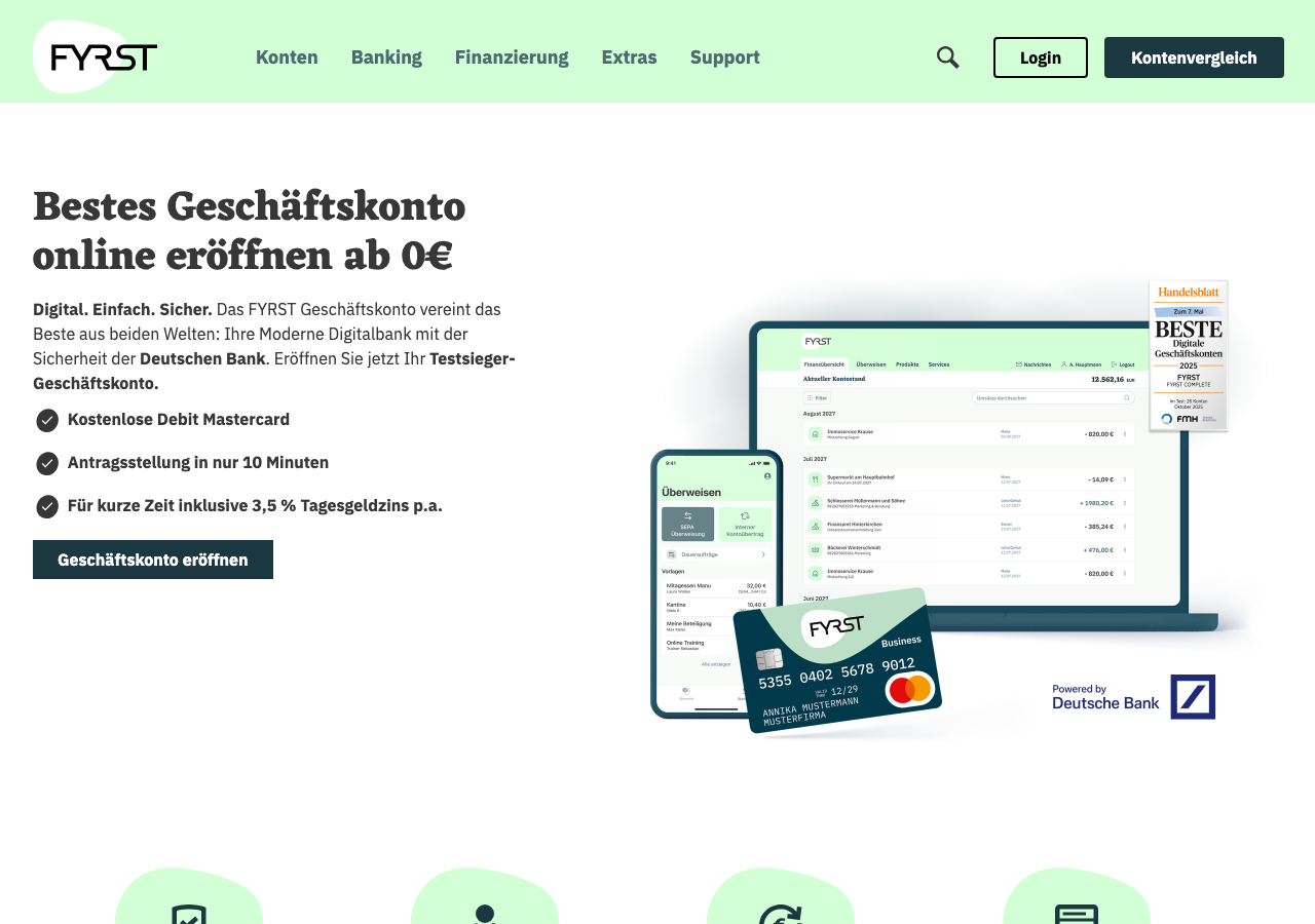 Screenshot der FYRST Startseite: Geschäftskonto eröffnen ab 0 Euro, powered by Deutsche Bank
