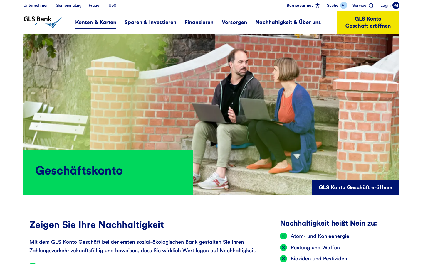 Screenshot der GLS Bank Geschäftskonto-Seite: nachhaltiges Konto für Unternehmen