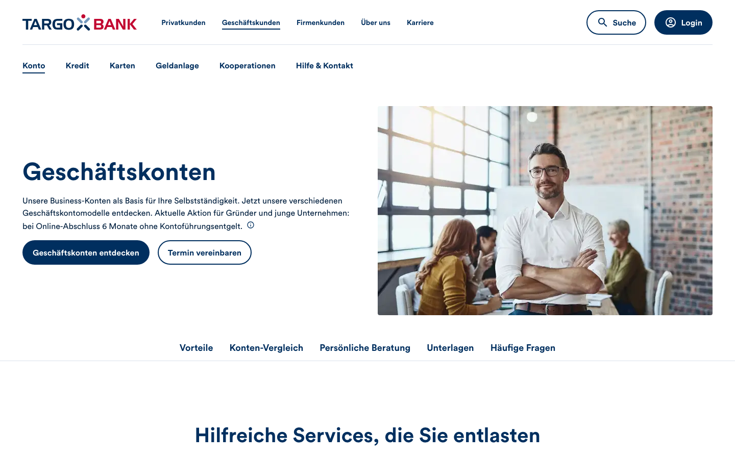 Screenshot der offiziellen TARGOBANK Geschäftskunden Seite