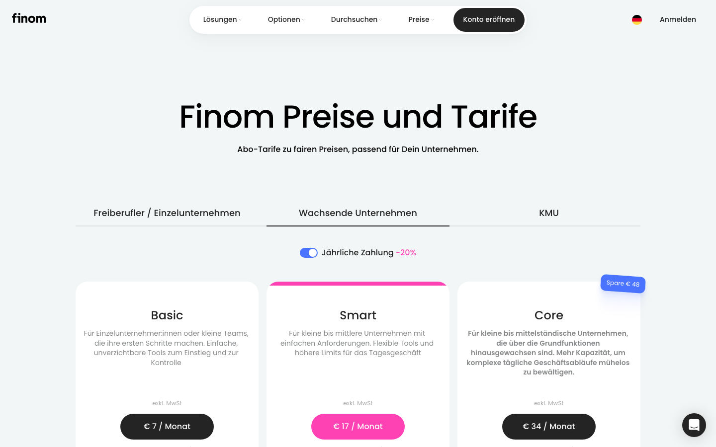 Finom Preise und Tarife für Geschäftskonten