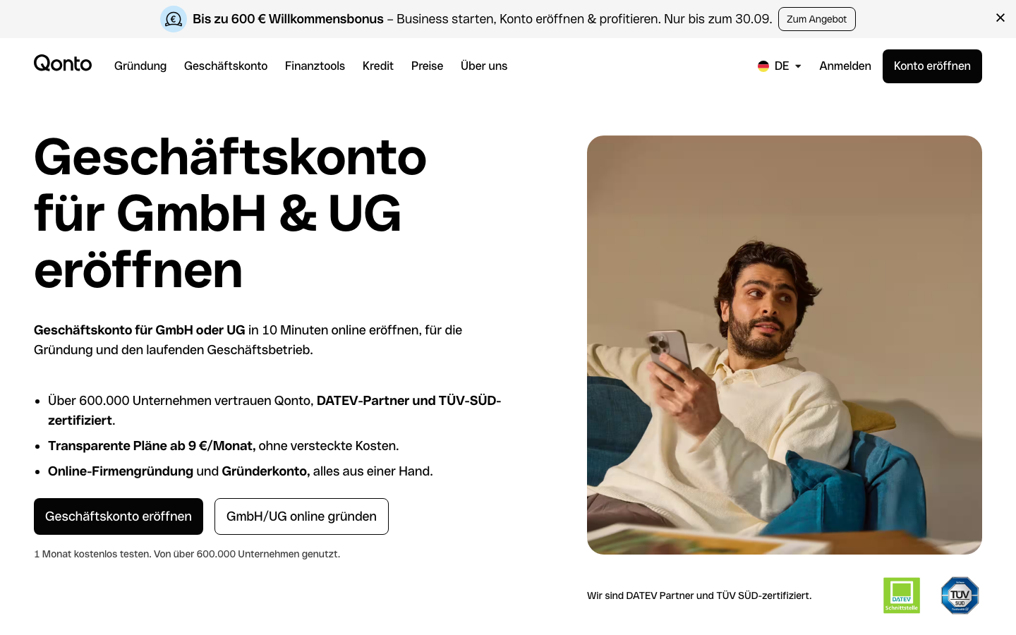Qonto Geschäftskonto für GmbH und UG, Gründungsseite