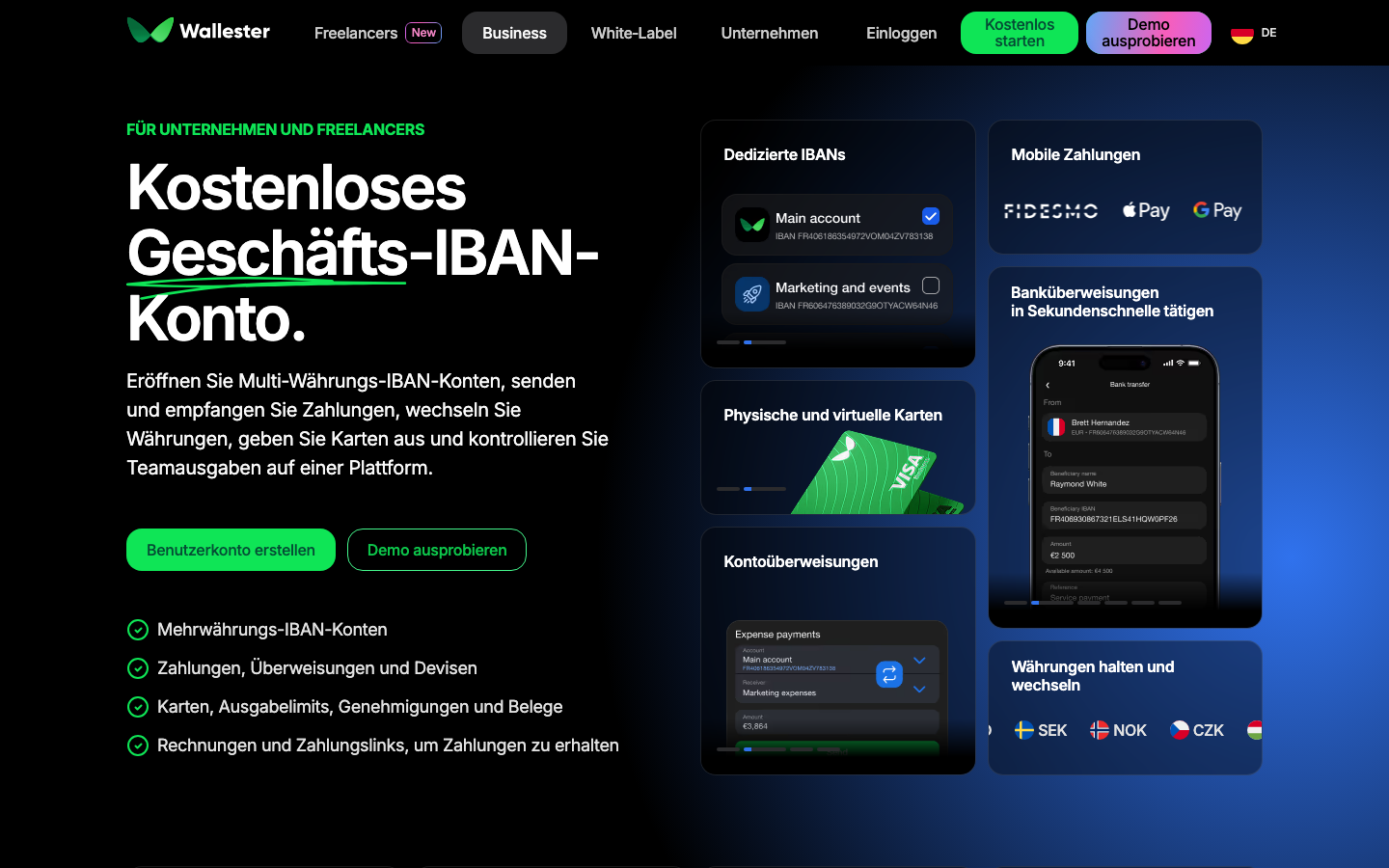 Startseite von wallester.com für Geschäftskonten mit Visa-Firmenkarten und IBAN-Konto