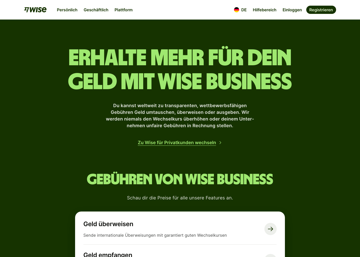 Die offizielle Wise Business Gebührenübersicht auf wise.com.