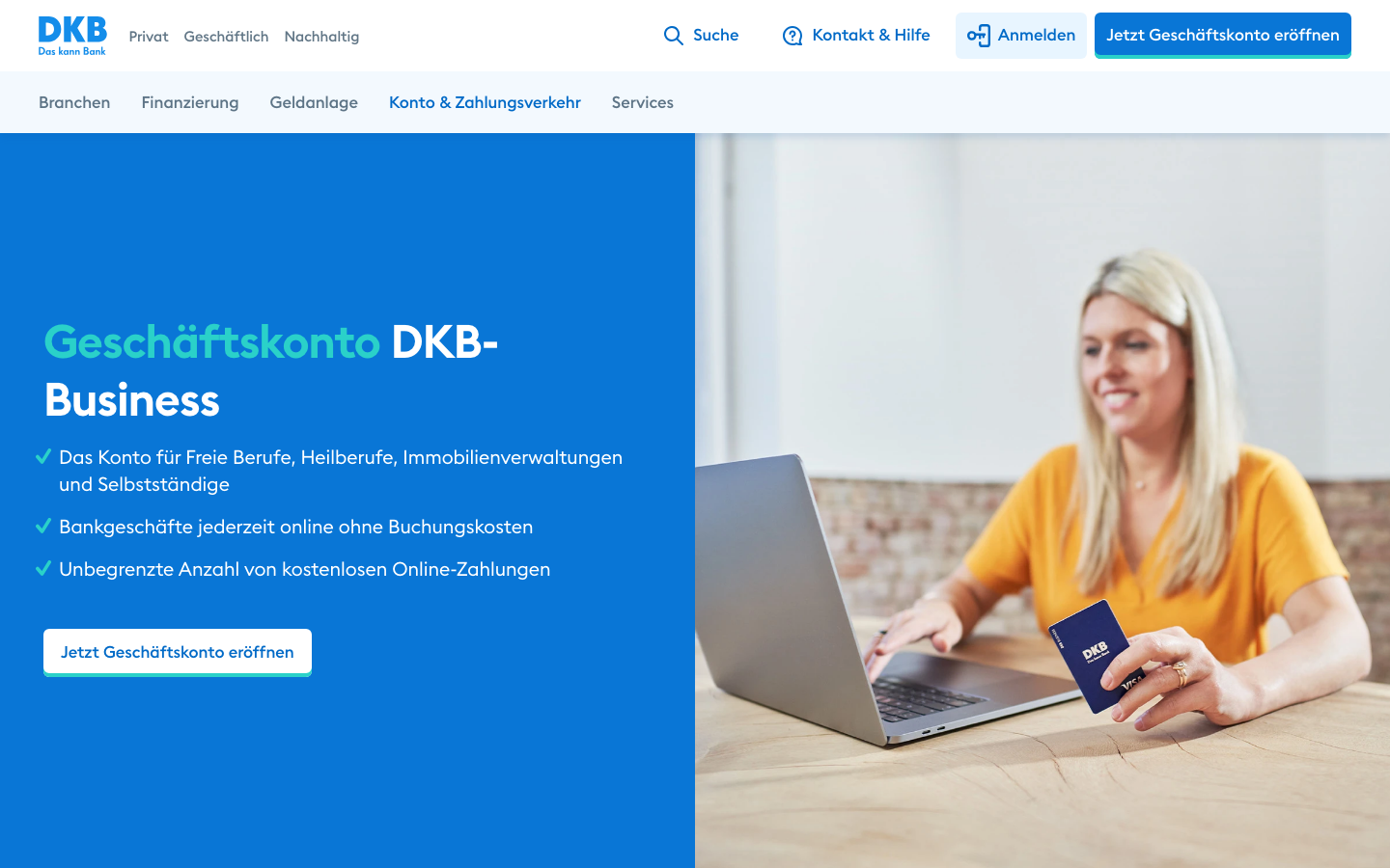 Screenshot der offiziellen DKB-Business Geschäftskonto Seite auf dkb.de