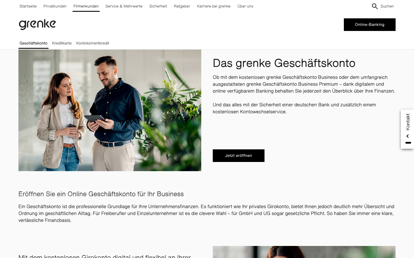 Produktseite von grenkebank.de mit den drei GRENKE Geschäftskonto-Tarifen